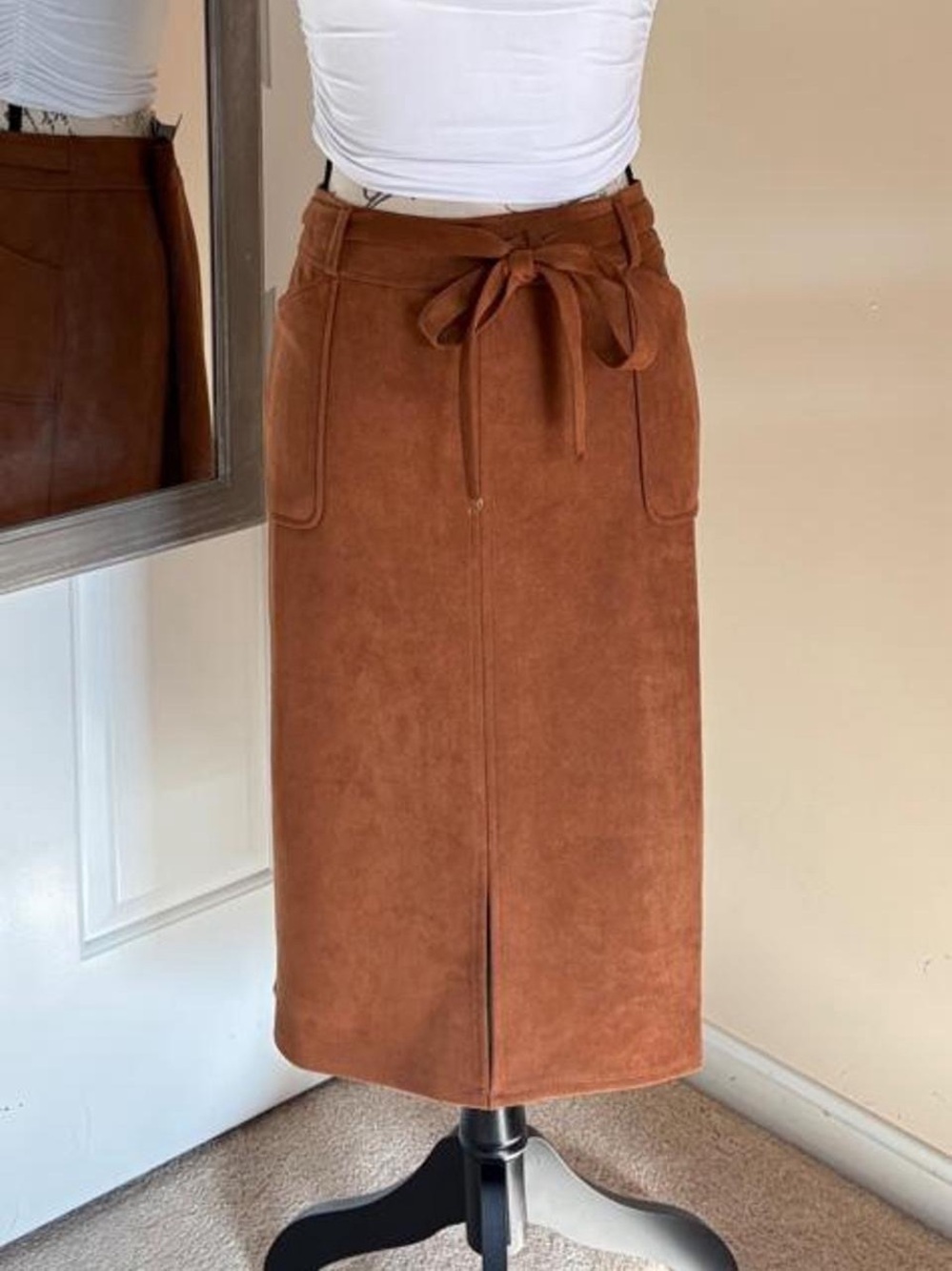 NYCC Brown Faux Suede Midi Skirt with Tie Waist